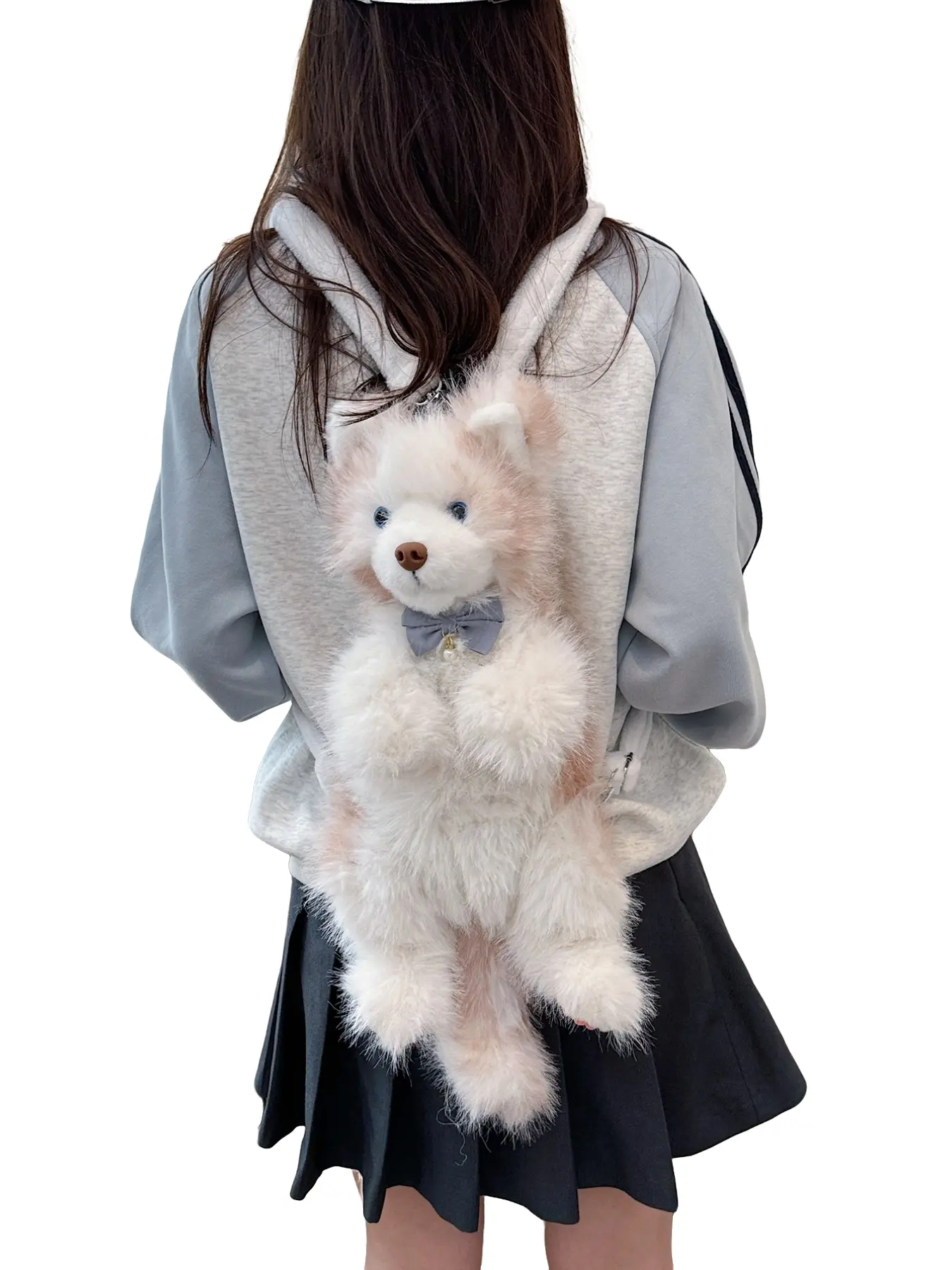 Husky Plush Doll Backpack, Sweet Cool Y2K Style, Cute Backpack, Long Fur Bow Pearl Decoration, Adjustable Shoulder Straps, Large Capacity Teen Bag