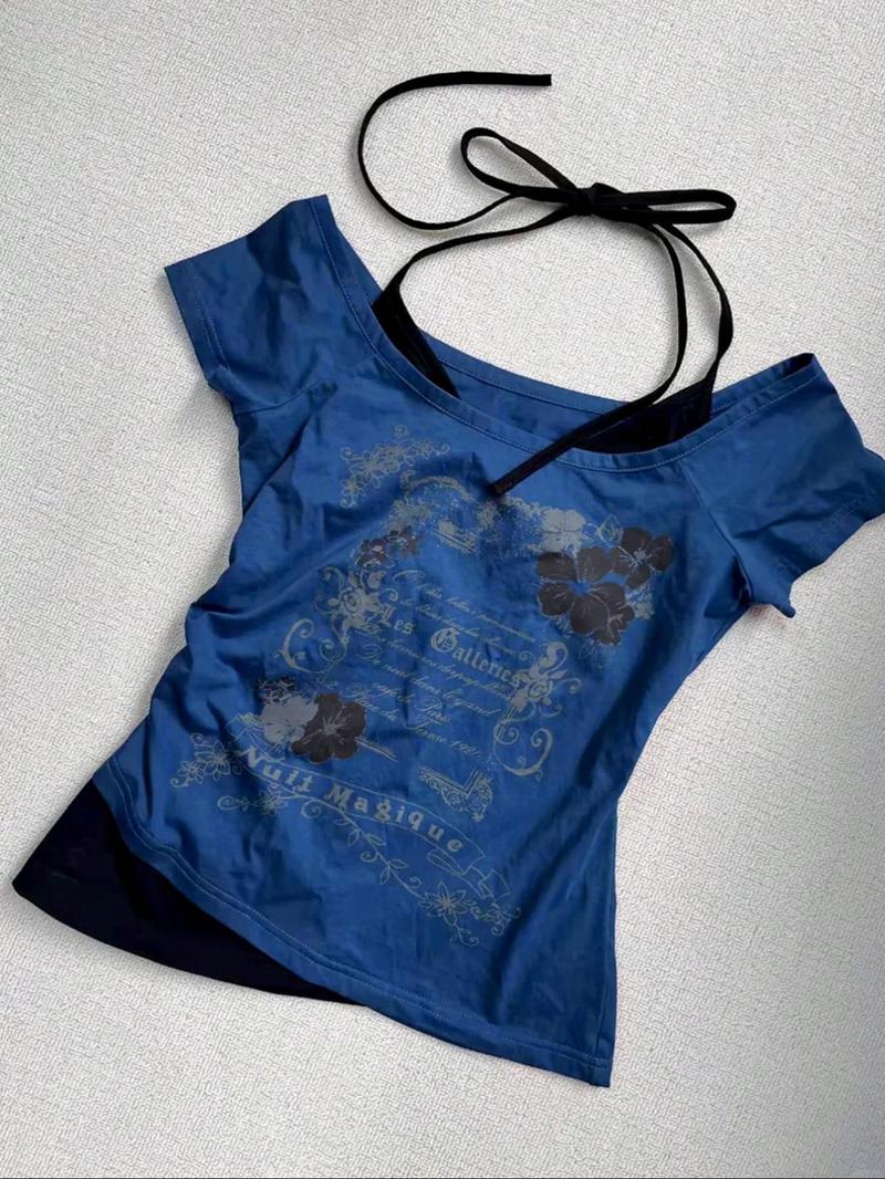 Women's 2 in 1 Floral & Letter Print  Halter Tee, Y2k Casual Top for Summer, Ladies Clothes for Daily Wear