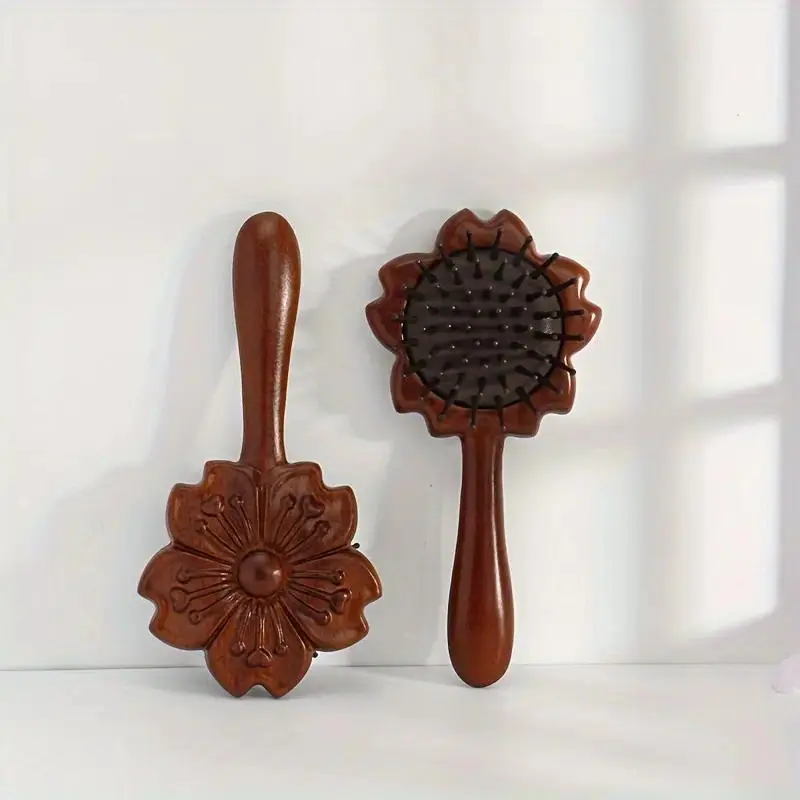 Natural Sandalwood Wood Scalp Massage Hairbrush - Flower Design Air Cushion Comb for Curly Hair Daily Grooming