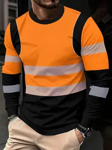Men's Striped Round Neck Long Sleeve Top, Soft Breathable Casual Sporty Sport Daily Tee, Slim-Fitting Graphic Pattern, Unlined Plain Surface