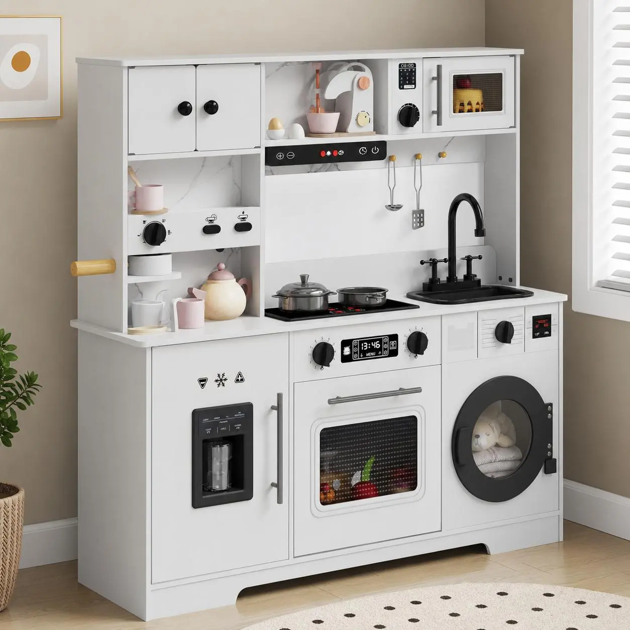 Wooden Kids Play Kitchen Toy Set with Integrated Coffee Bar, Realistic Cooking Stove, Oven, Washing Machine & Sink, Large Toddler Kitchen Playset with 11 Accessories for Ages 3+