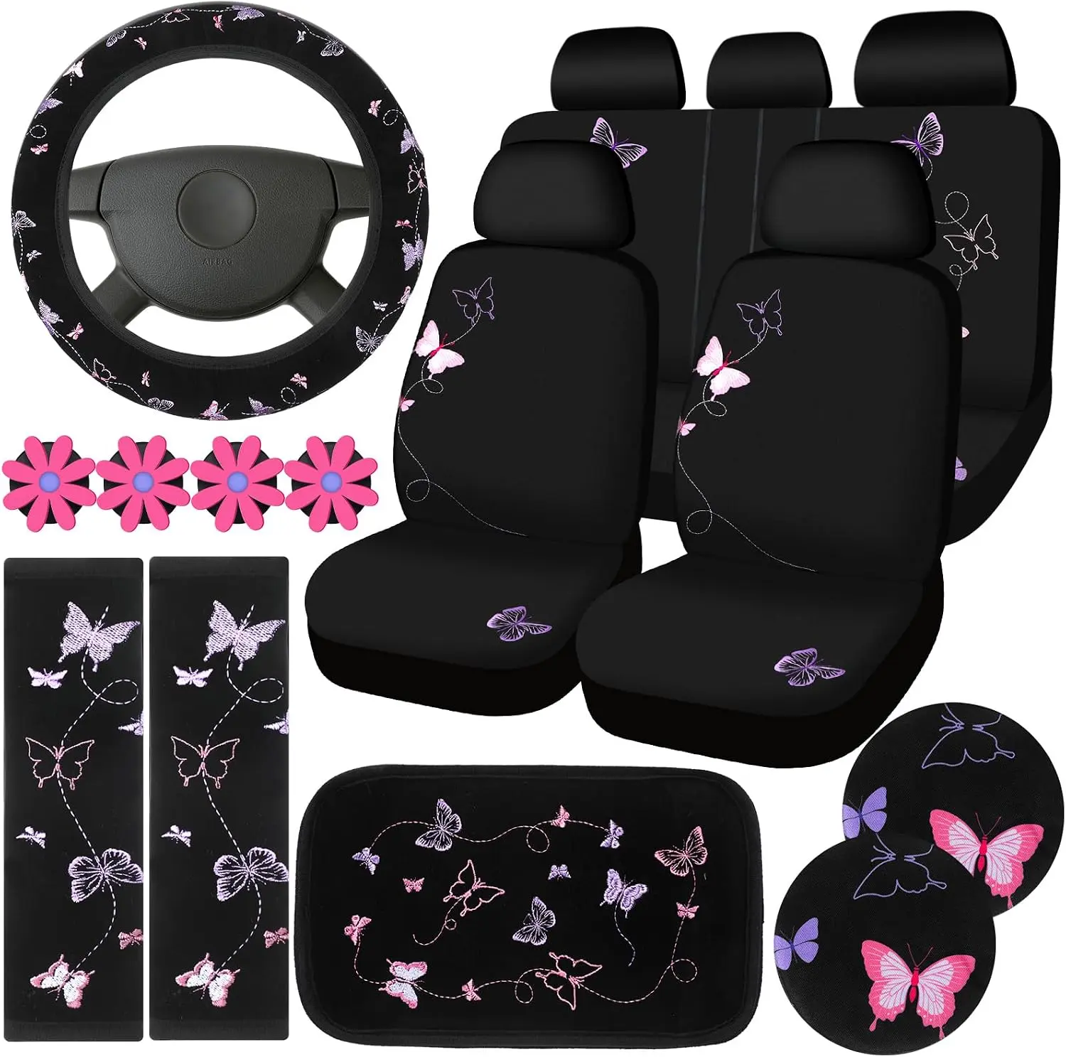 BBTO 19 Pcs Car Accessories for Women, Seat Covers Wheel Cover, Butterfly| Includes Steering Wheel Wrap, Air Vent Clips, Cup Holders, Console Pad, Seat Belt Pads, Butterfly Design for Interior Decor
