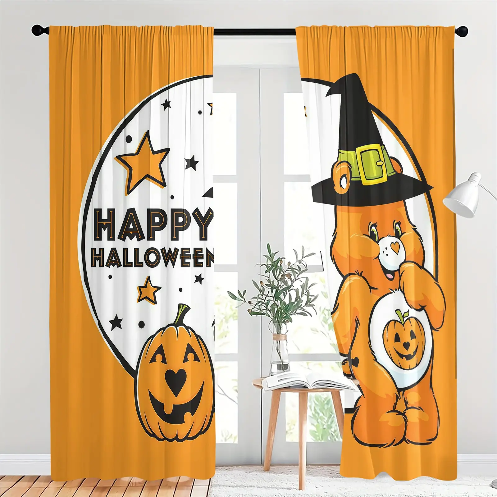 Bear Pattern Semi-Blackout Brushed Fabric Curtains, 2-Piece Set, Suitable For Living Room, Balcony And Bedroom, Perfect Home Halloween Room Decoration