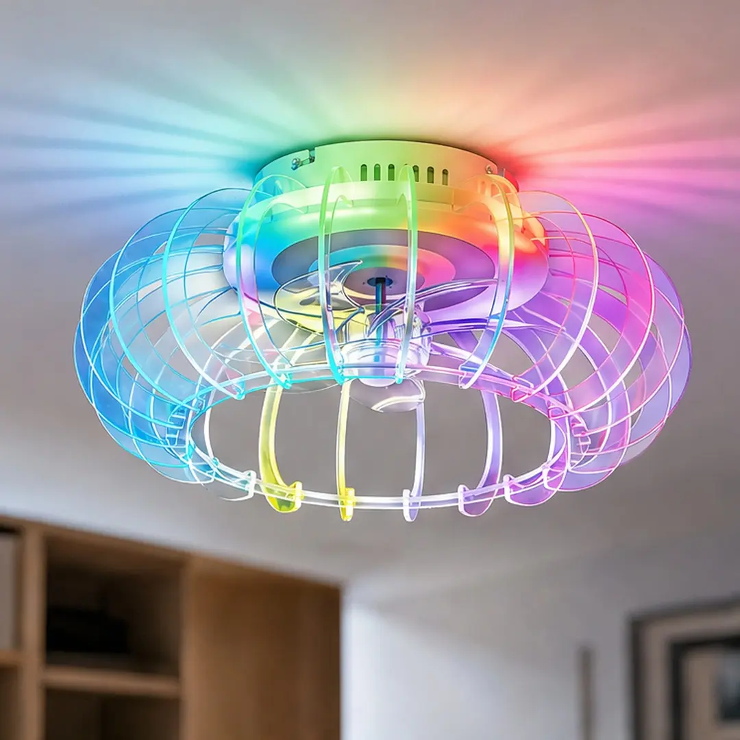 ARCH 21-Inch Low Profile Bladeless Ceiling Fan with Dimmable LED Lights, RGB Colorful Lighting, Bluetooth Speaker, 6 Speeds, Reversible Motor, Polycarbonate Shade, White, Remote Control, for Game Rooms, Watch Party