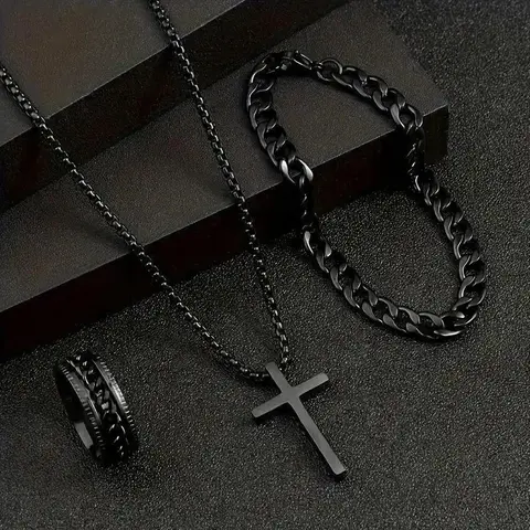 Men's 3-Piece Stainless Steel Gift-Ready Trio Jewelry Set - Cubanchain Necklace, Bracelet, Punk Ring, Christmas Chains, Cool Gifts for Guys, Necklace and Bracelet Set for Hip Hop Street Punk Bold Look