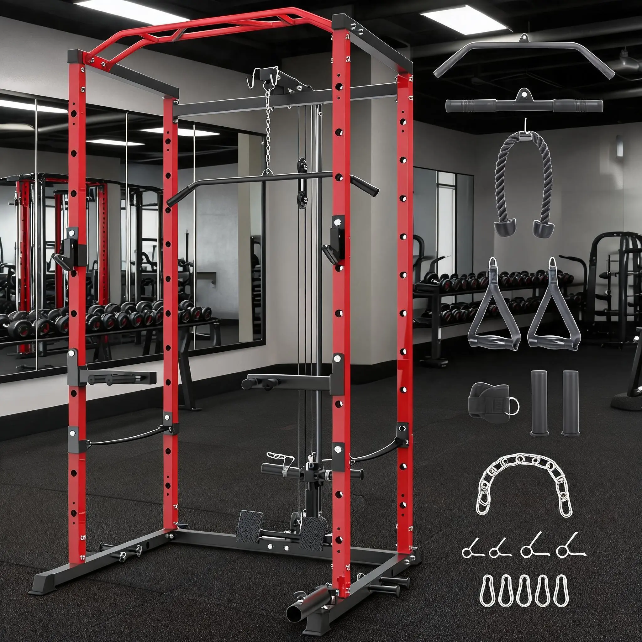 Black and Red High-Low Cable Power Cage – 1600 lb Capacity Home Gym Squat Rack with Lat Pulldown and Dip Station