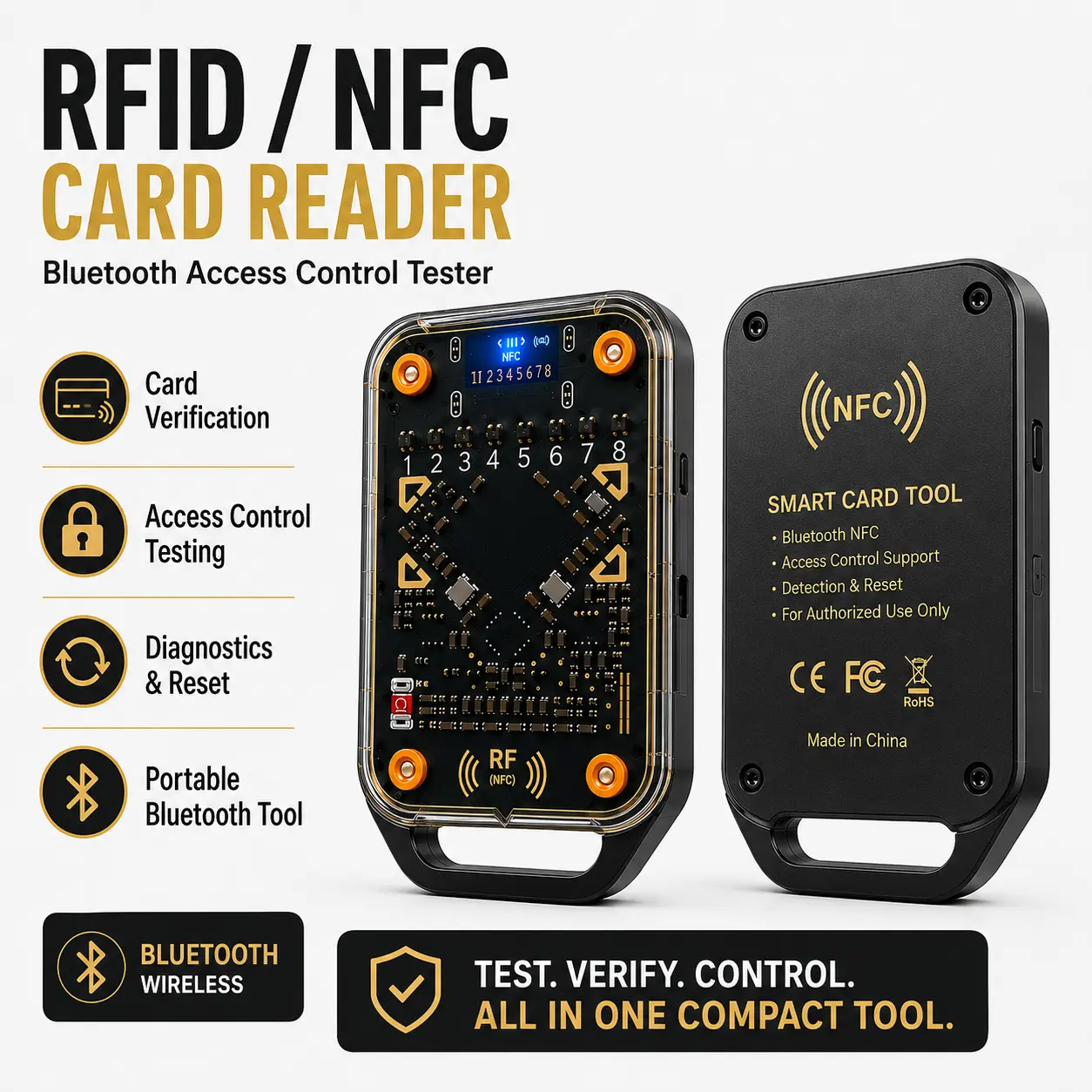 Portable Bluetooth RFID/NFC Access Control Card Reader & Detector, Smart Key Card Verification and Security Diagnostics Tool for Authorized Door Entry System Testing, Maintenance & Access Management