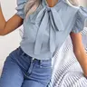 Women's Plain Ruffle Trim Tie Neck Fitted Short Blouse, Fitted Ruffled Blouse, Summer Clothes for Women, Butterfly Sleeve Top, Women's Clothing for Daily Wear, Casual Shirts, Womenswear