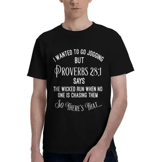 Men's Short Sleeve Humorous Biblical Quote Faith-Based "Proverbs 28:1" Jogging Christian T-Shirt, Male Sports Outdoor Top
