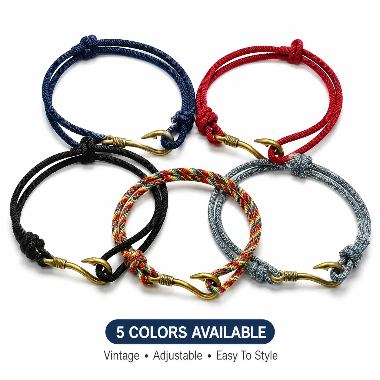 Antique Fish Hook Rope Bracelet for Men - Adjustable Braided Nautical Cord Bracelet, Fathers' Gift Ideas with 1.42 in Dimensions, Casual Surfer Accessory, Layered Wrap, Adventure, 40Cm, Adjustable Hook Bracelets & Bangles