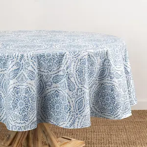 Savannah Boho Paisley Water- and Stain-Resistant Vinyl Tablecloth with Flannel Backing, 70 Inches X 70 Inches, Round, Blue