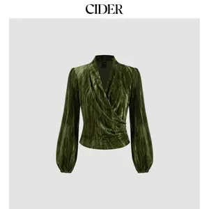 Cider [2 colors, size 2-26] Velvet V-neck Solid Wrap Long Sleeve Top Dealsforyou