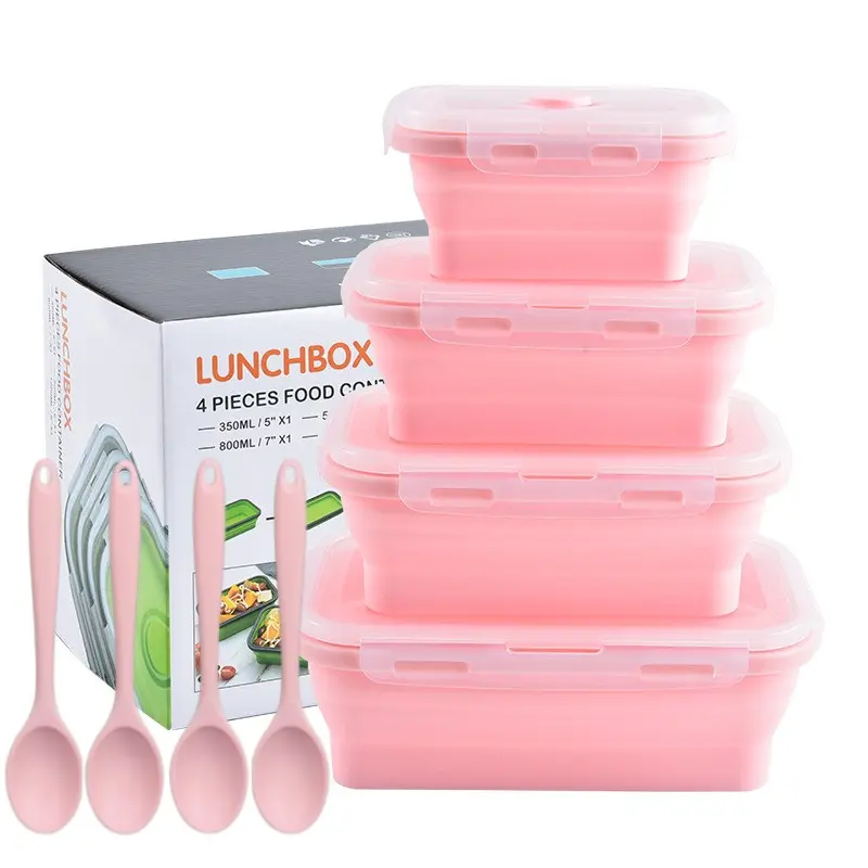 8-Piece Silicone Foldable Lunchbox Set with Spoons, Food Grade Microwave Safe, Dishwasher Safe, Perfect for Office and Outdoor Use, Meal Prep Containers
