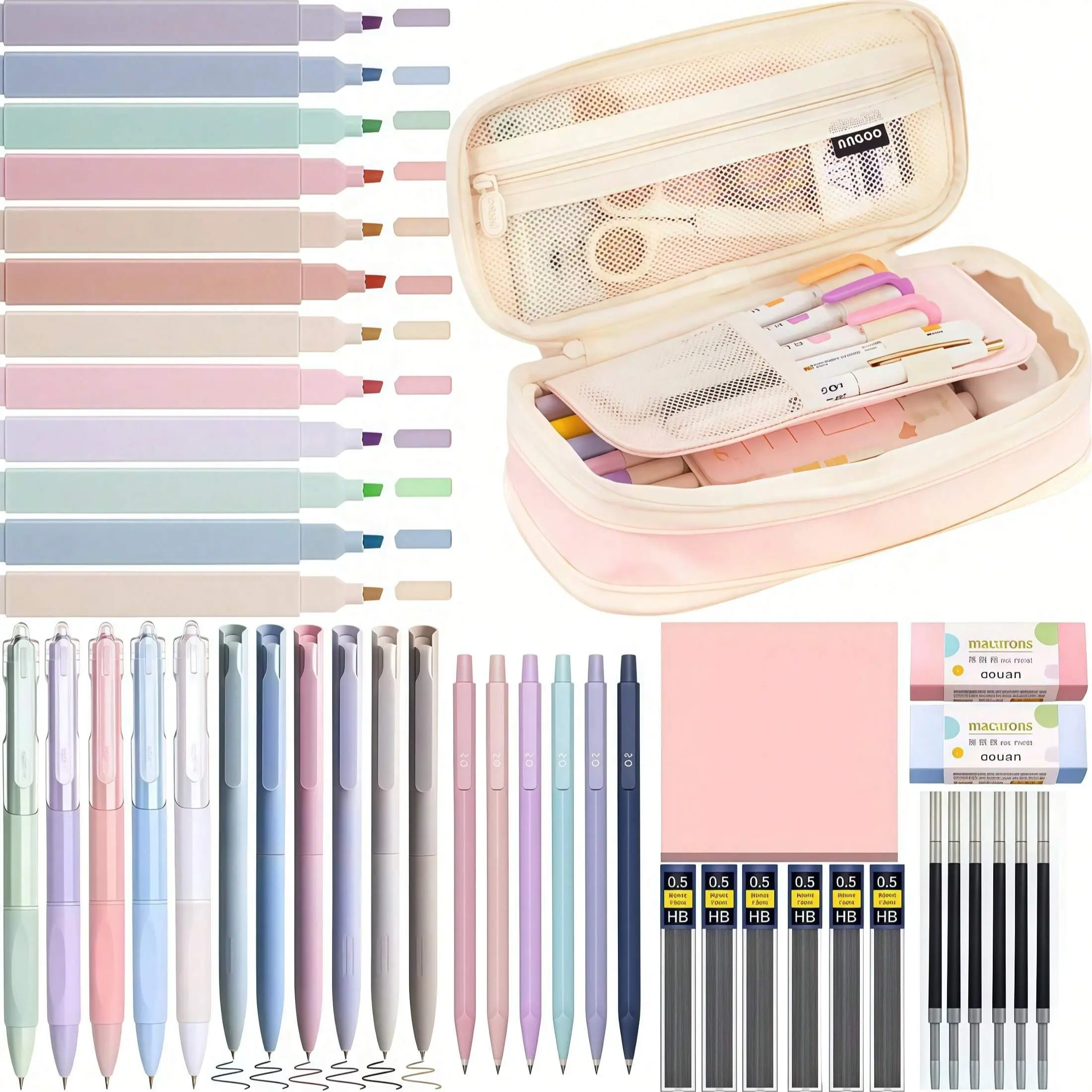 36Pcs Cute School Supplies with Cute Pen Case,Highlighters, Black Ink Gel Pens, 0.5mm Kawaii Mechanical Pencils Set for Students Stationary College Essentials.Christmas gift.back to school.