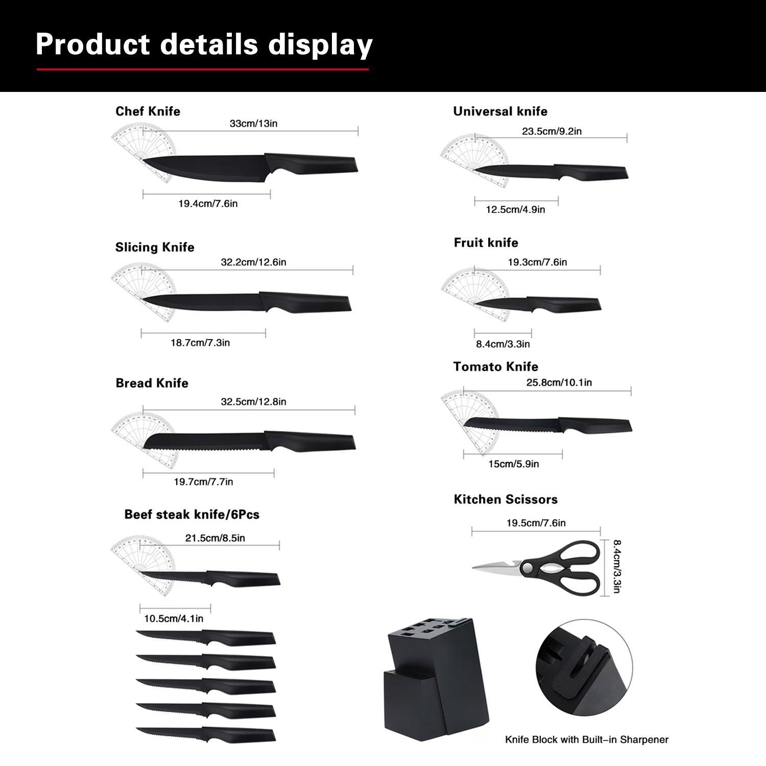 Kitchen Knife Set with Sharpener, 14pcs/set High Carbon Stainless Steel Cutting Knife Block Set with Ergonomic Handles, Knife Sets for Home Use Utensils
