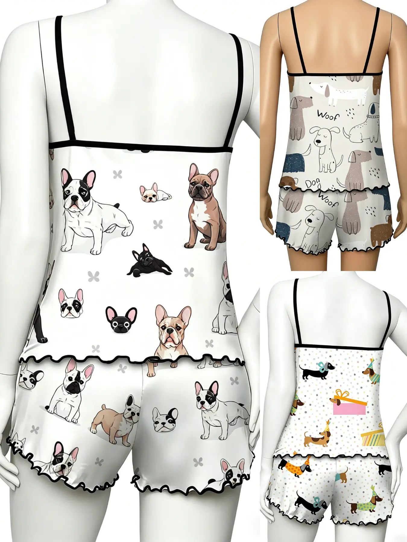 6 Piece Set Women's Pajamas Set Cartoon Dog Puppy French Bulldog Dachshund Print Beige White Black Contrast Trim Summer Spaghetti Strap Camisole Shorts Ruffle Hem Soft Comfy Stretchy Sleepwear Loungewear Nightwear Trendy Casual Pjs Sets for Daily Home Wea