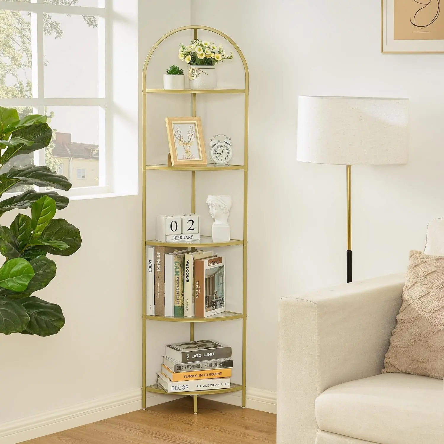 5-Tier Corner Shelf Stand, Metal Corner Bookshelf, Tempered Glass Shelves, Bathroom Storage Rack Shelf, Plant Stand, Modern Style, Golden