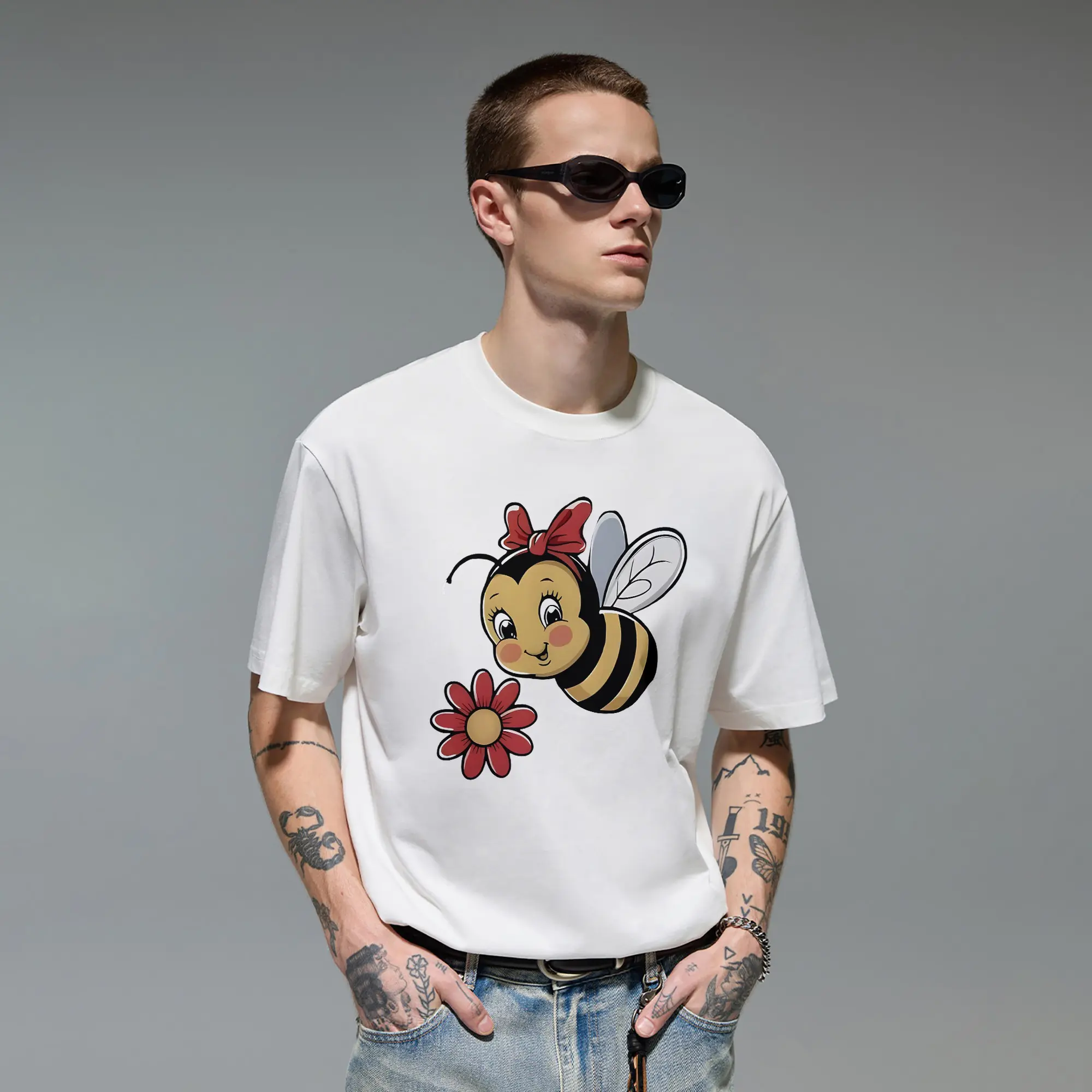 Vintage Cartoon Cute Bumble Bee Red Ribbon Bow Original Oversized Cotton Graphic Tee T-Shirt for Men Novelty Gift Cutting Ideas Women Teen Girls Retro Rubber Hose Animation Kawaii Aesthetic Casual Everyday Wear Urban Streetwear Apparel