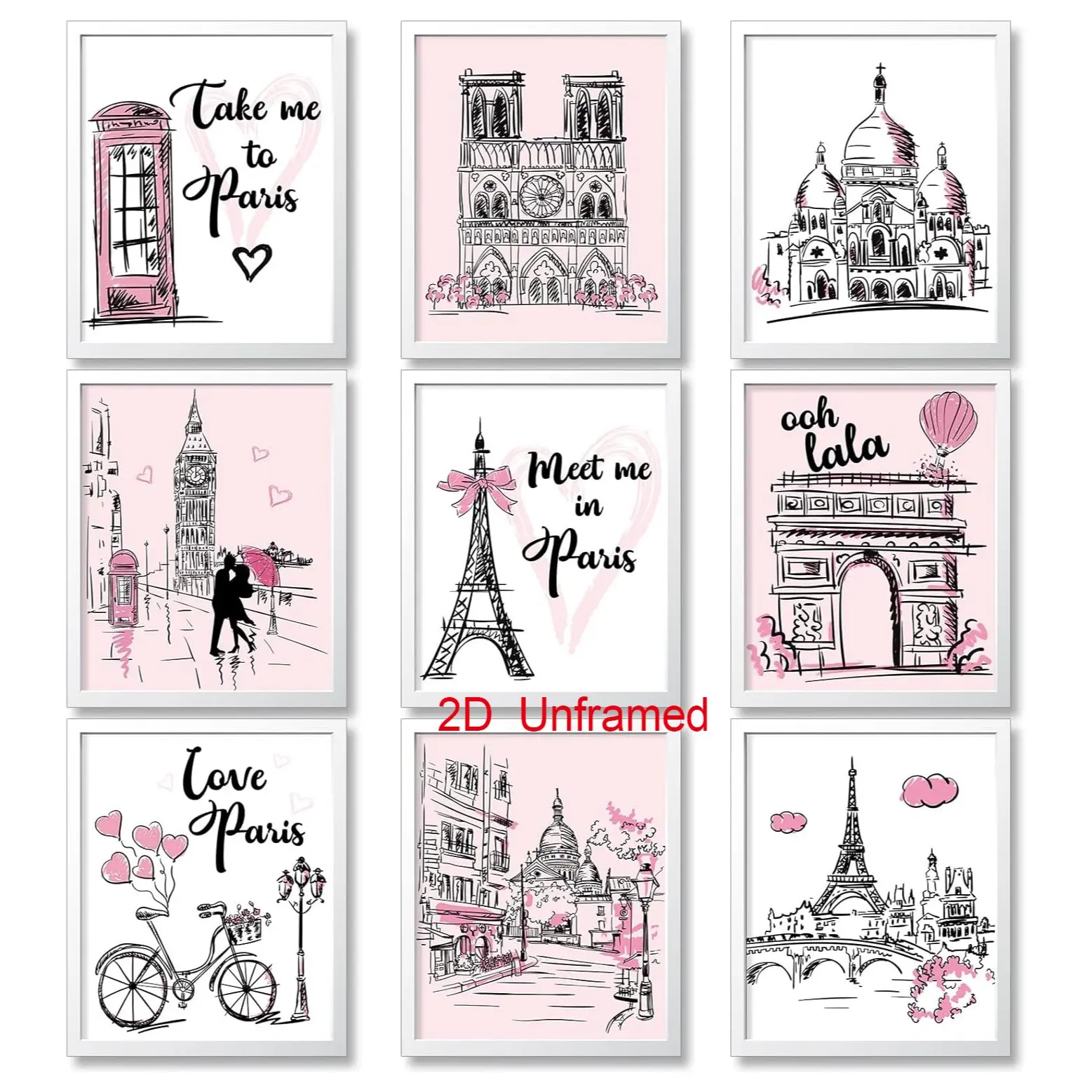 9-Piece   Frameless   Parisian-Style Bedroom and Bathroom Decor Set   Pink Paris Mural   Romantic Eiffel Tower Art Poster   Room Decor   Frameless Posters   Living Room Decor for Girls