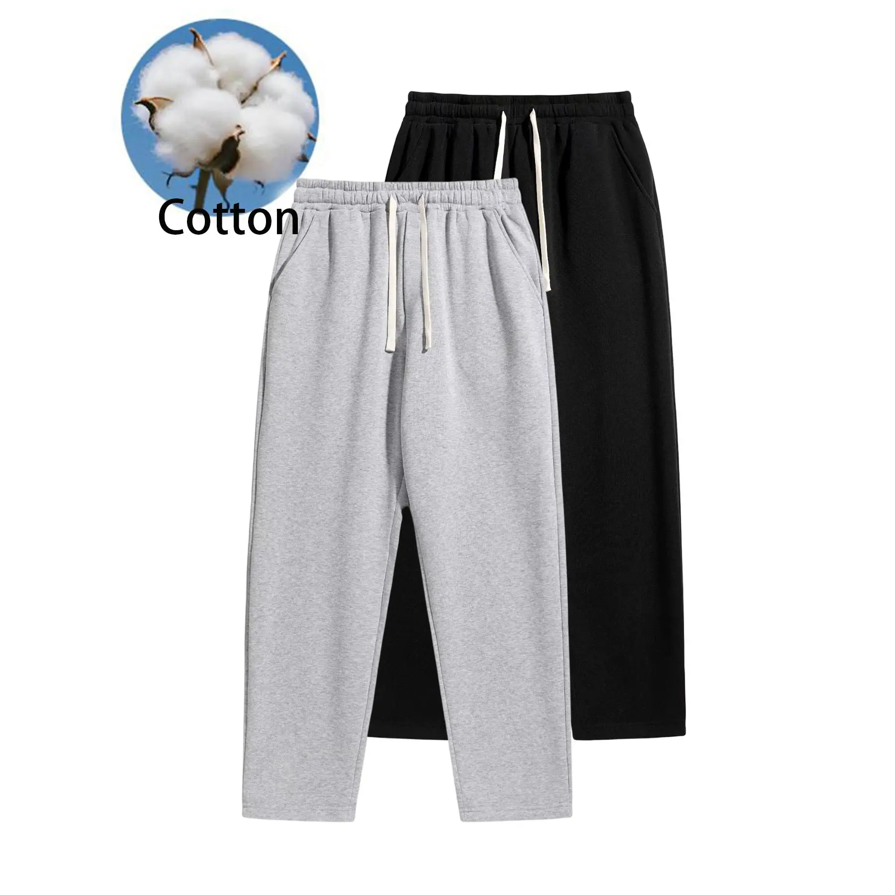 Soft thick cotton straight leg jogger sweatpants with elastic drawcord waist and convenient side pockets, smooth breathable cotton textile relaxed roomy fit multi-scene loungewear essential for casual versatile daily contemporary mensfashion matching outf