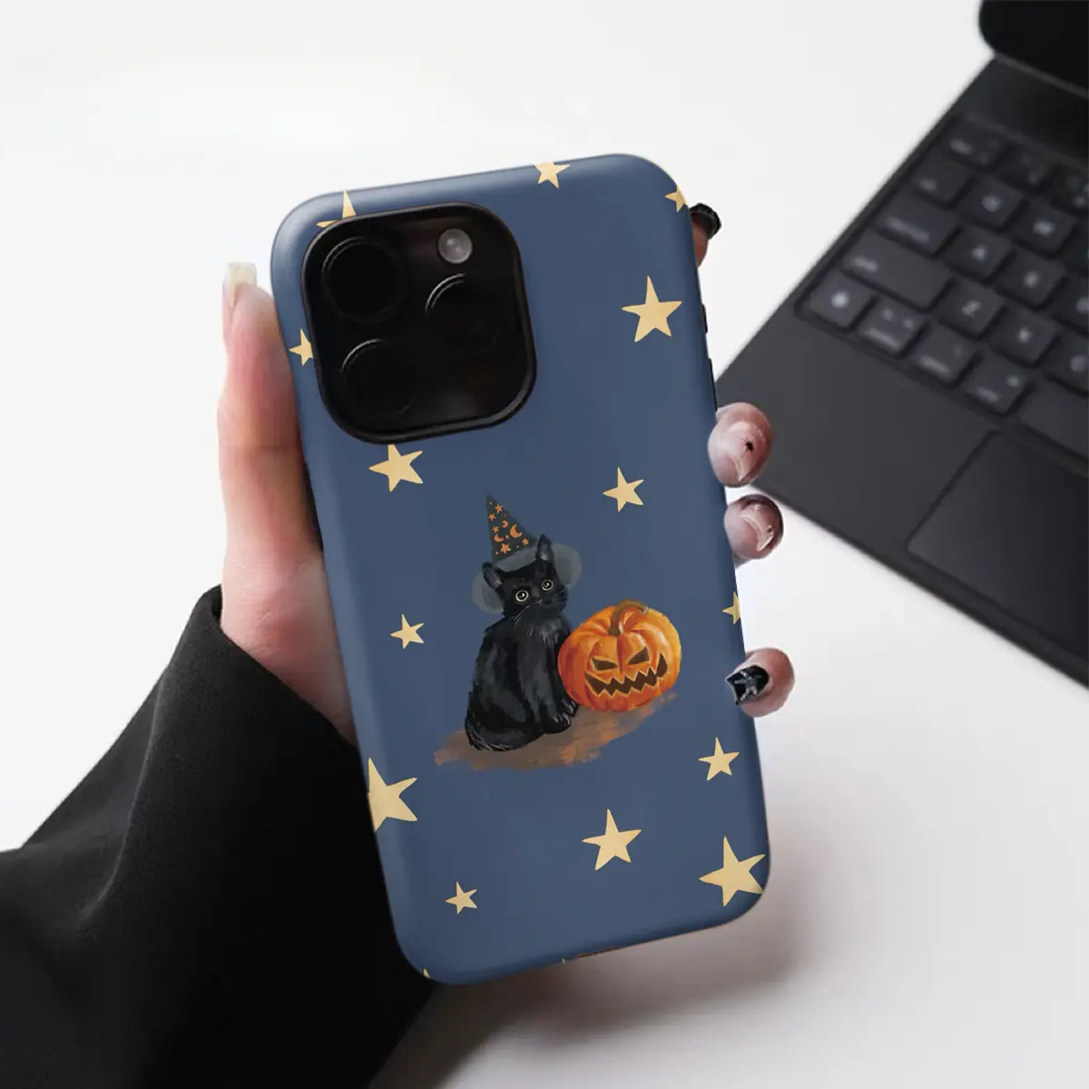 Halloween-themed black cat and pumpkin phone case featuring a durable, shock-absorbing, glossy 2-in-1 design; compatible with iPhone (17 through X series), Samsung, and other models-perfect as a holiday gift for friends or family.