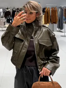 Women's Jacket Crop Faux Leather Bomber Jacket Autumn Fashion Green Black Outerwears New In Coats & Jackets Elegant Zip-Up High Neck Long Sleeve Short Jacket With Pockets