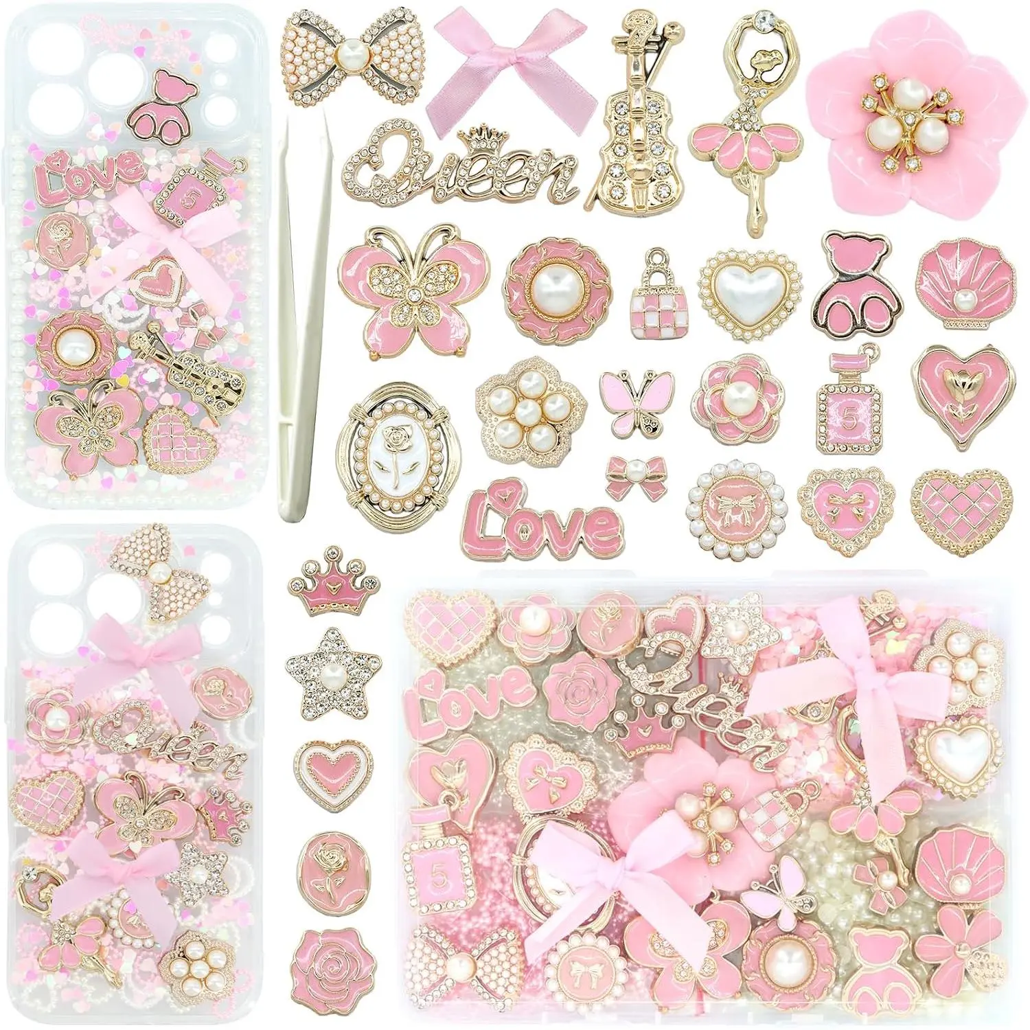 Junk Case Charms Kit,  Junk Phone Case Charms for Customizing DIY Cases,  Charm for Making Phone Cases with Flatback  Bulk Butterfly Bow, DIY Craft Accessories