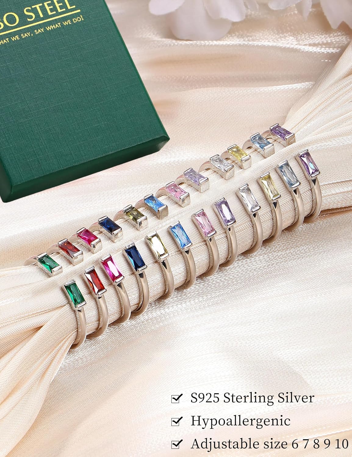 S925 Sterling Silver Birthstone Rings for Women Non Tarnish Dainty Stackable Rings Adjustable Emerald Green Gemstone Baguette CZ Wedding Engagement Promise Ring for Her Birthday Jewelry Gifts