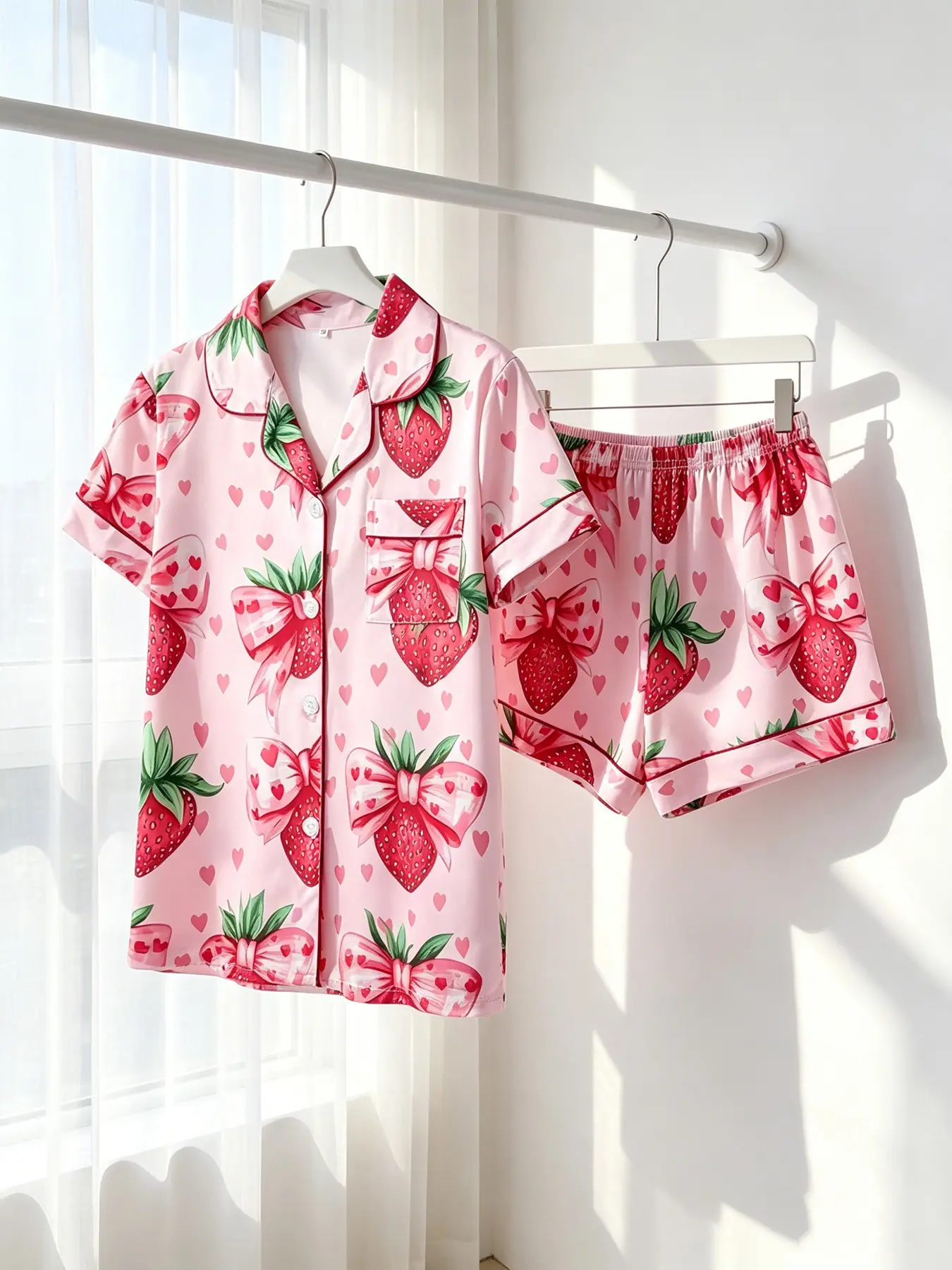 Women's Button-Down Short Sleeve Top & Shorts Pajama Set, Pink Strawberry Bow Print, Red Piping, Front Pocket, Elastic Waist, Spring Summer Wear, Cozy Sweet Strawberry Print Loungewear