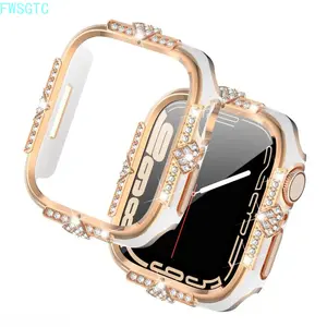 2026 New Arrival 2-in-1 Apple Watch Case with Tempered Glass, Two-Tone Laser Engraved Rhinestone Protective Cover Fit All Series, Shiny Stylish Daily Accessory (Watch Not Included)