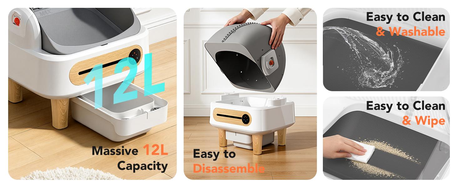 Automatic Cat Litter Box Self Cleaning, Robot Litter Box for Multiple Large Cats, Open Top Auto App Control Ultra-Quiet, Durable, Keep Home Freshness, Wood Grain