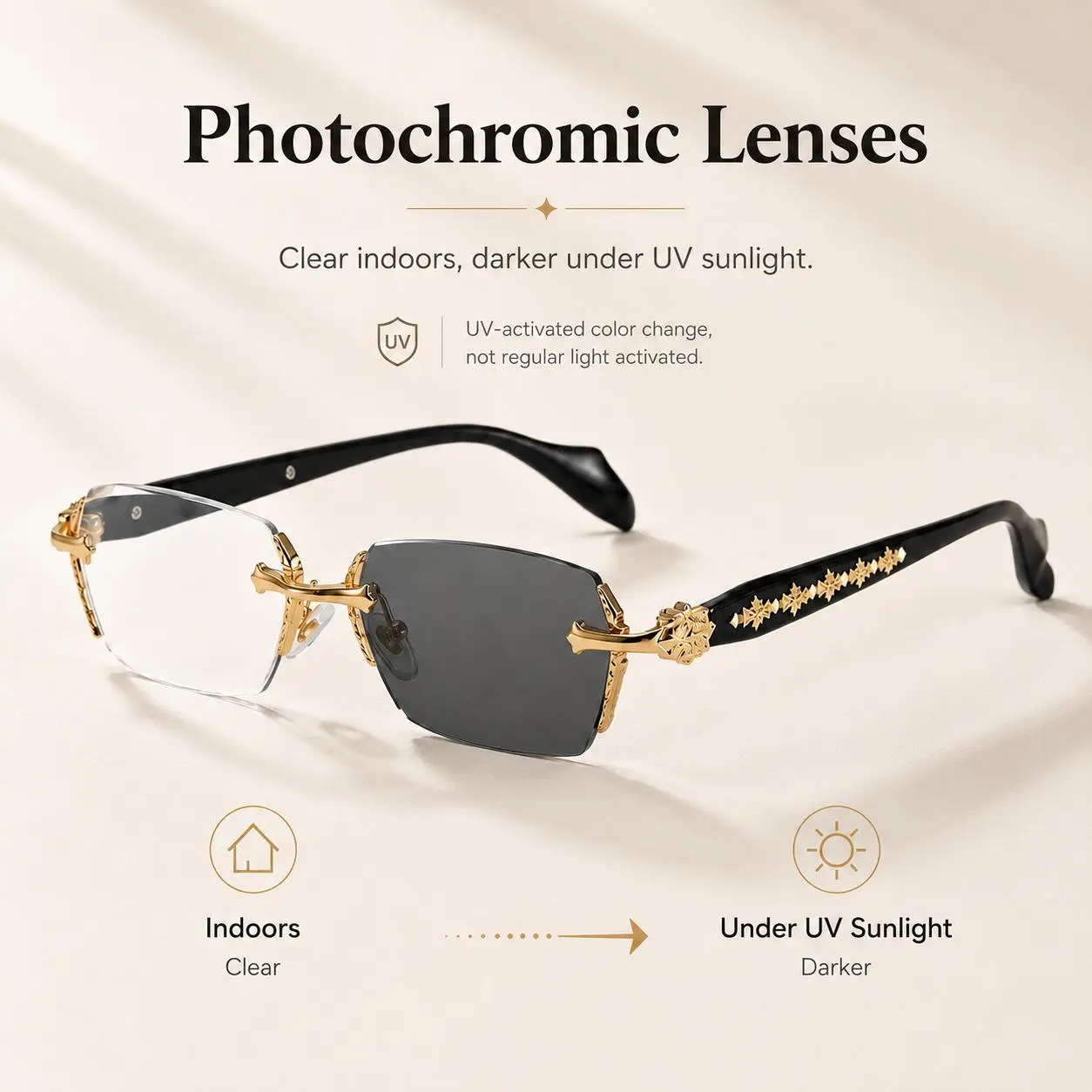 Unisex Rimless Photochromic Eyewear - UV400 Sun Protection, Blue Light Blocking, Lightweight Non-Prescription Glasses for Computer Work, Street Style Outfits