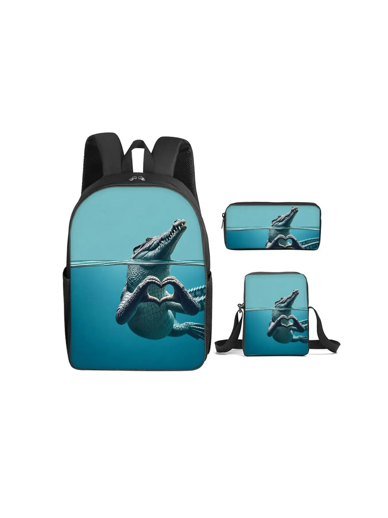 16‑Inch 3‑Piece Travel Backpack Set with Cute Crocodile 2D Print (Single‑Layer Backpack + Mini Crossbody Bag + Single‑Layer Pencil Case). Suitable for outdoor trips and daily school use. It is an ideal holiday gift for kids and friends.