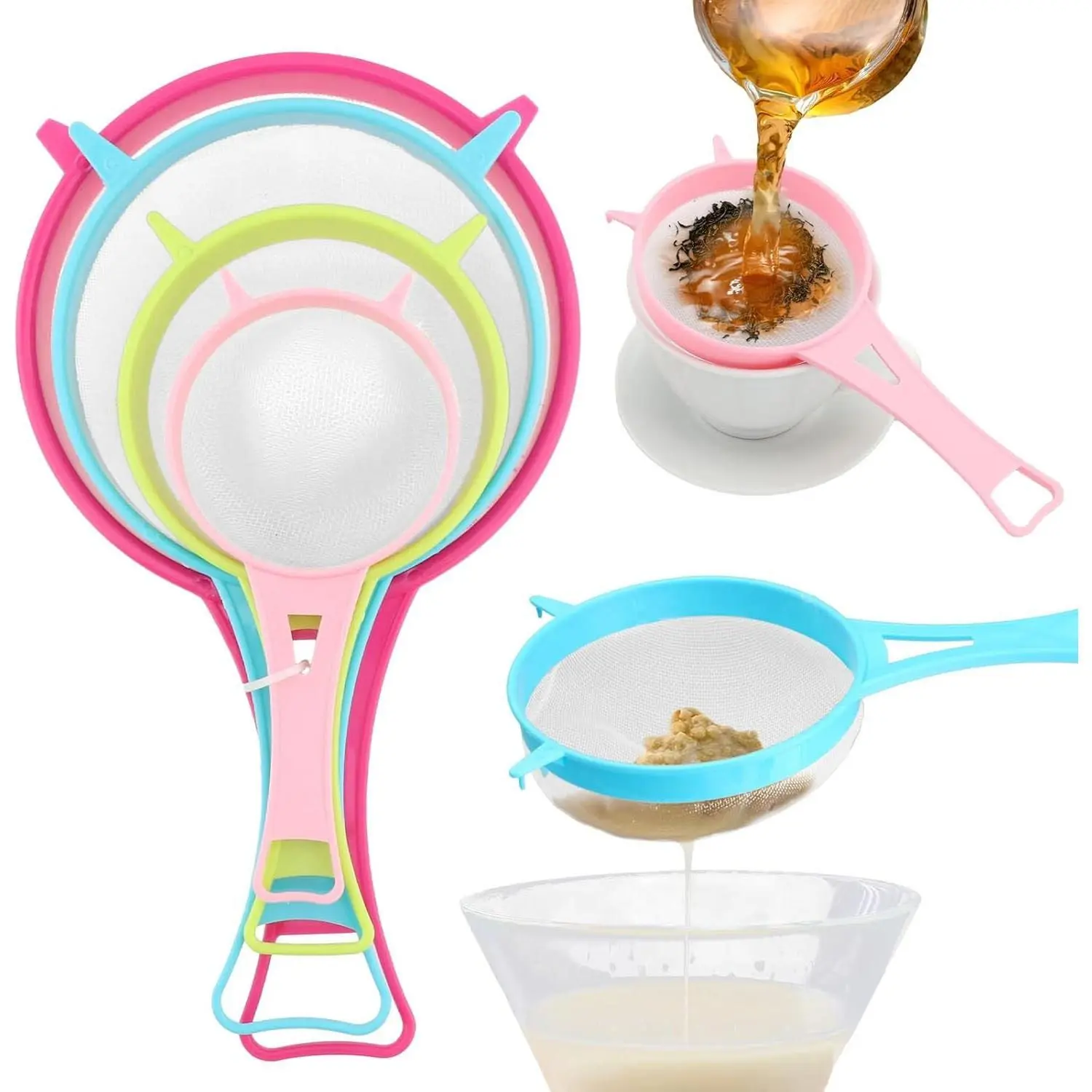 Fine Mesh Strainer Set, Kitchen Plastic Flour Colander, Solid-Liquid Separator with Non-Slip Handles, Ideal for Yogurt, Baking, Kefir, Tea, Juice, Pasta