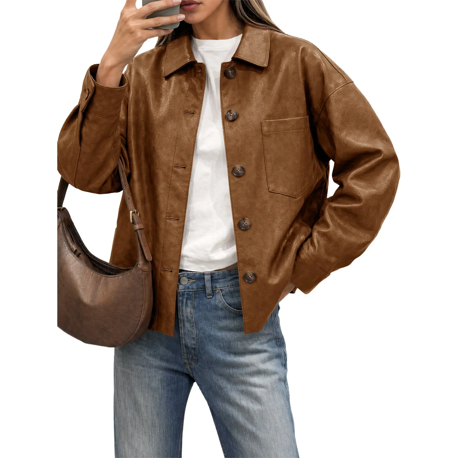 Tankaneo Womens Oversized Button Down Motorcycle Faux Leather Jackets