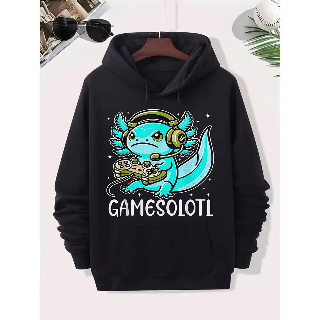 Gaming Axolotl Controller Headset Graphic Oversized Comfort Cotton Fashion Hoodie Outfit, Funny Gamesolotl Pun Cute Salamander Sweatshirt, Perfect Valentine’s Day Gift For Gamer Boy Girl, Ideal Holiday Present For Geek Friends Family Gaming Casual Streetw