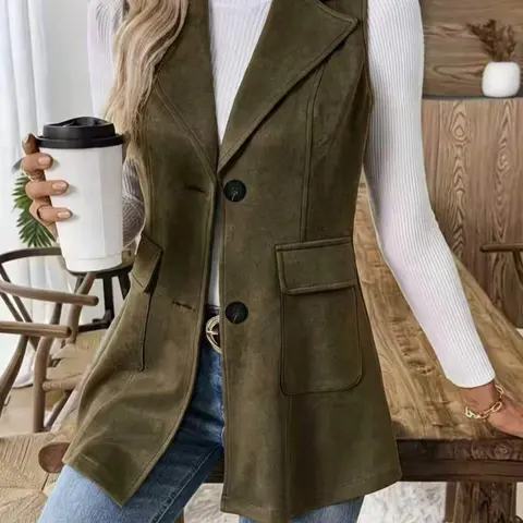 Women's Lapel Sleeveless Blazer Vest, Office Waistcoat, Single Button Design, Practical Pockets, Slim Fit, Elegant Professional Style, Spring Fall Outerwear