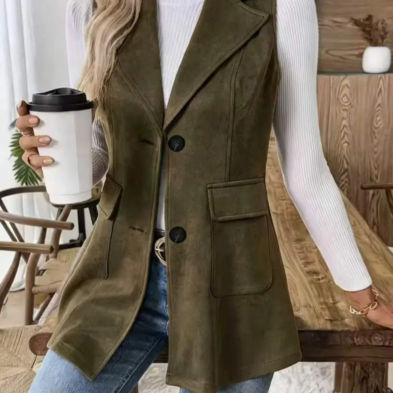 Women's Lapel Sleeveless Blazer Vest, Office Waistcoat, Single Button Design, Practical Pockets, Slim Fit, Elegant Professional Style, Spring Fall Outerwear