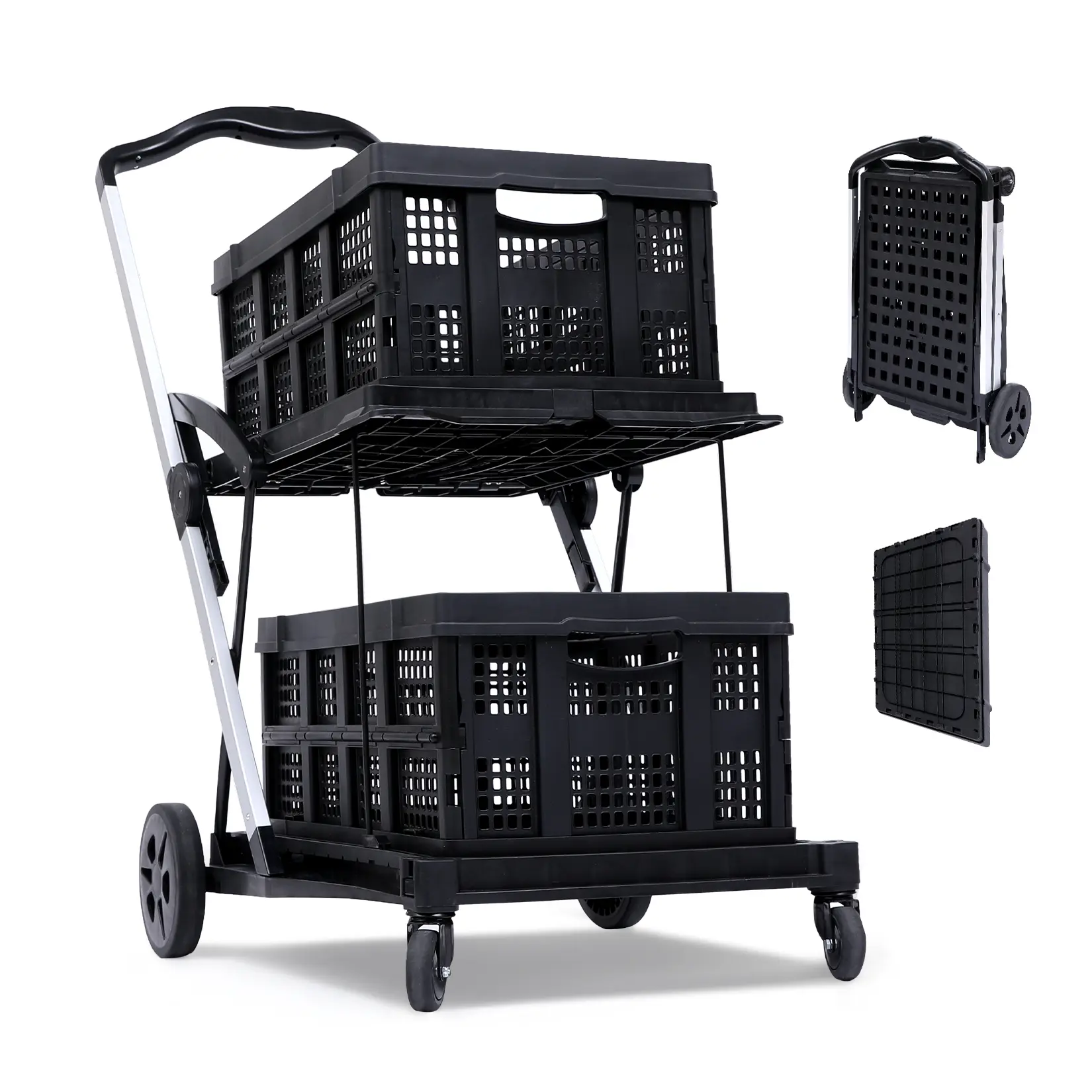 Heavy Duty 2-Tier Folding Office Utility Cart – Collapsible Rolling Trolley with Large Capacity, 360° Swivel Wheels, Multi-Purpose Storage Solution for Office Supplies – Includes 2 Cargo Boxes, Black