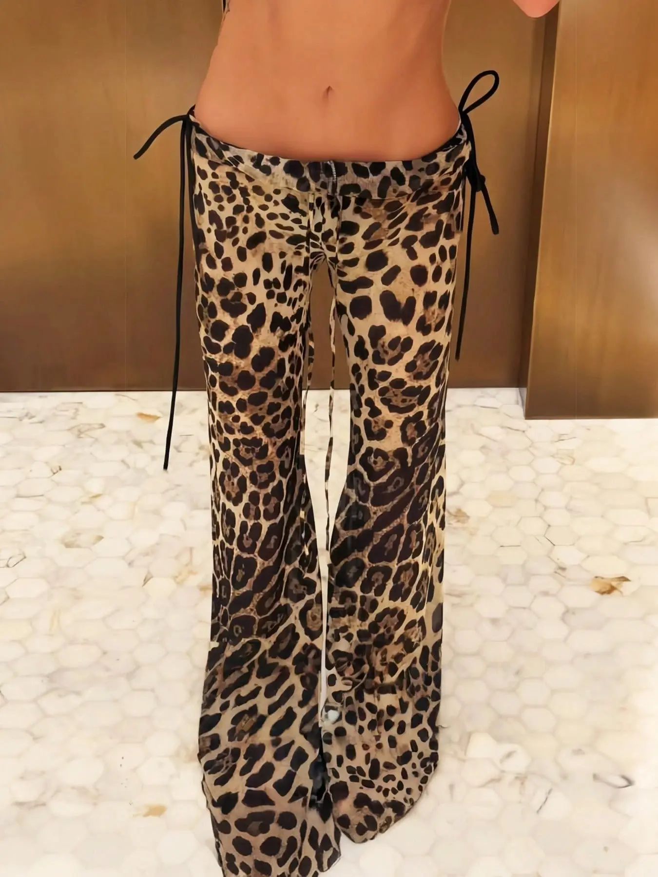 Women's Low Waist Leopard Print Drawstring Flare Pants, Y2K Transparent Mesh Long Pants, Casual Street Style, Fashionable Women's Clothing