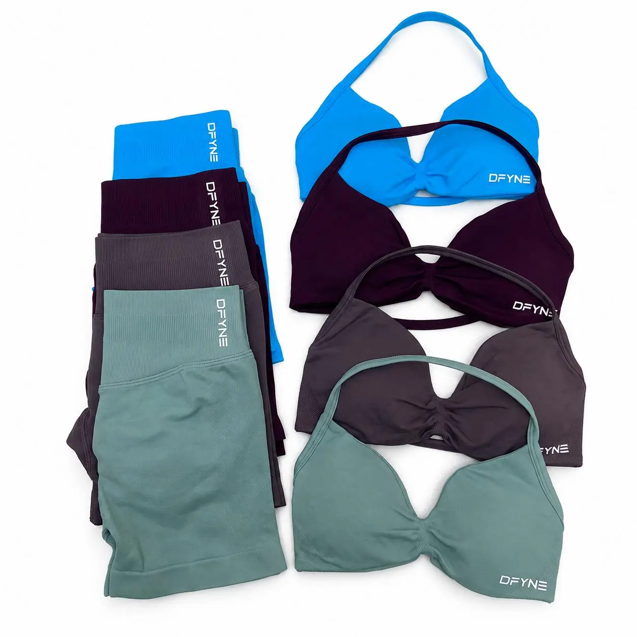 DFYNE Women 2 Piece Seamless Halter Sports Bra & High Waist Butt Lifting Biker Shorts Set, Ruched Front Thin Strap Open Back Padded Workout Bra + Tummy Control Chafe-Free Yoga Activewear Set for Gym Running Outdoor Fitnes