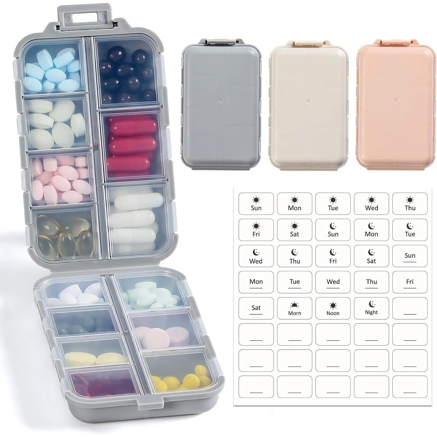 3-Pack 14-Grid Pill Organizer Box with Labels, Portable Vitamin Organizer, Travel Medical Storage Container, Pocket Daily Holder for Fish Oil, Supplements, Available in Khaki, Pink, Grey, Medical Organizer