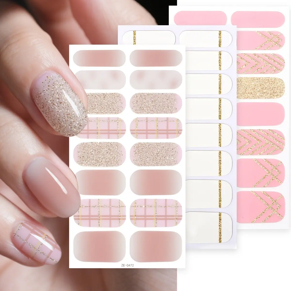 48pcs Full Coverage Nail Polish Strips, & Glitter Stripes, Self-Adhesive Nail Wraps, DIY Nail Art Stickers, Glossy Finish