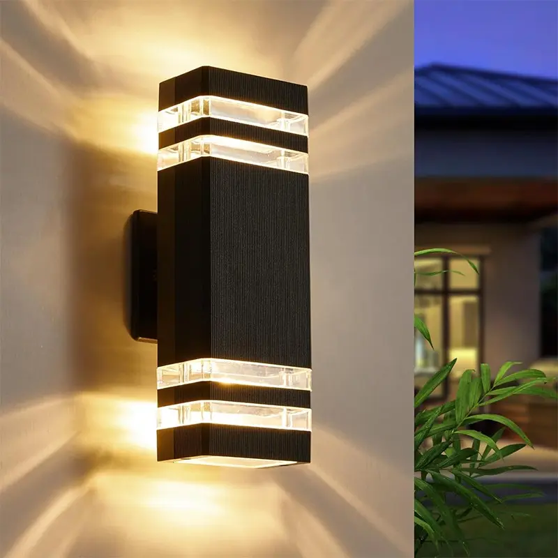 Square Double Head Double Layer Outdoor Wall Lamp, Up & Down Emitting LED Porch Light, IP65 Waterproof Aluminum Exterior Light Fixture with Bulbs Included for House Front Door & Garage, Outdoor Wall Lights