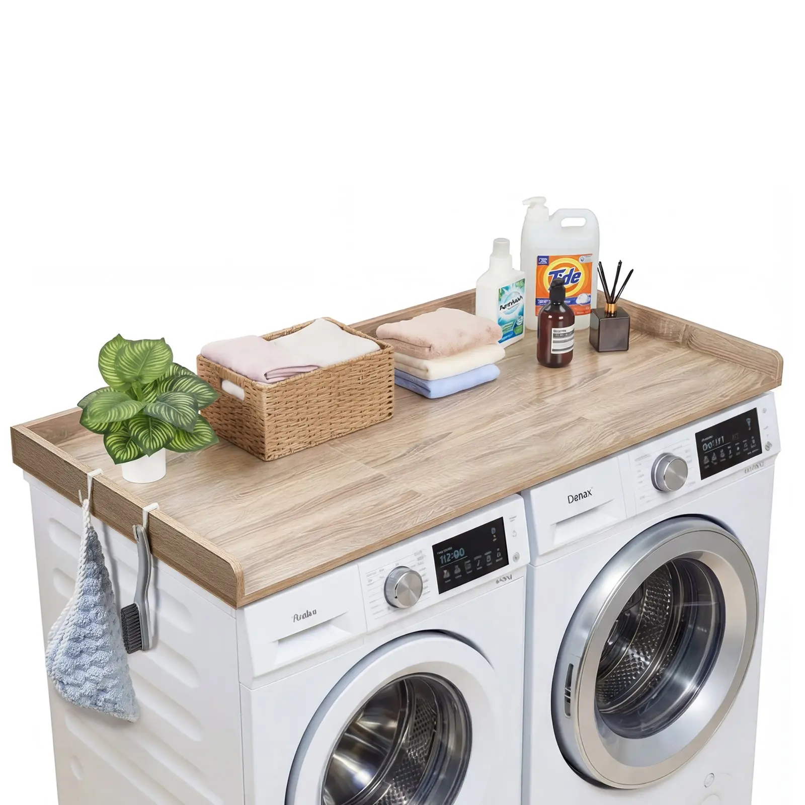 VEVOR Wooden Washer Dryer Countertop, 54x27.5in Particle Board Topper with Raised Edge, 2 Hooks + Grips, Water Resistant for Laundry Organization in Closets & Pantries, Oak
