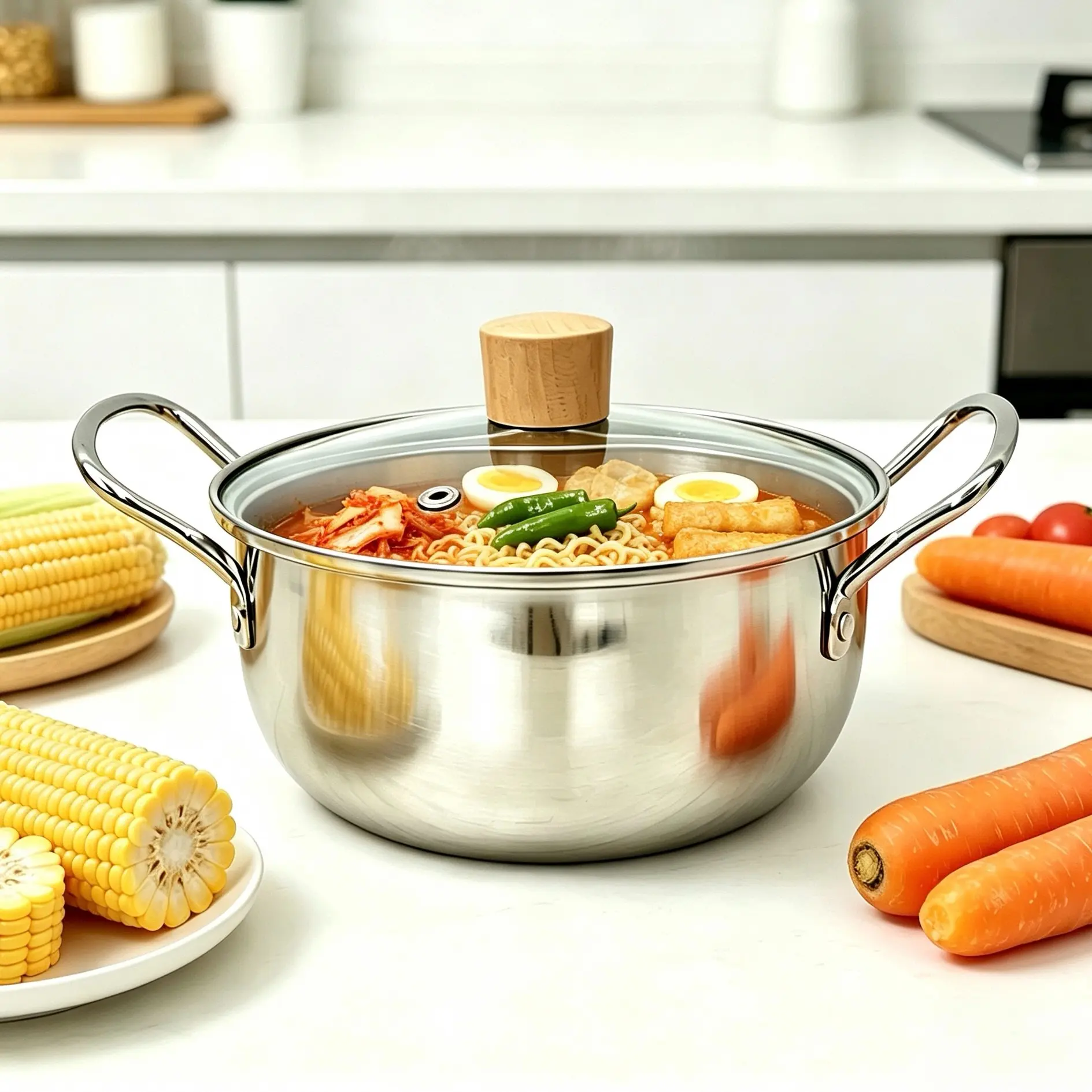 Stainless Steel Korean Ramen Pot, Thickened with Lid and Dual Handles, Multi-Functional Noodle, Seafood, Milk Pot, Durable and Easy to Clean, Noodles Pot