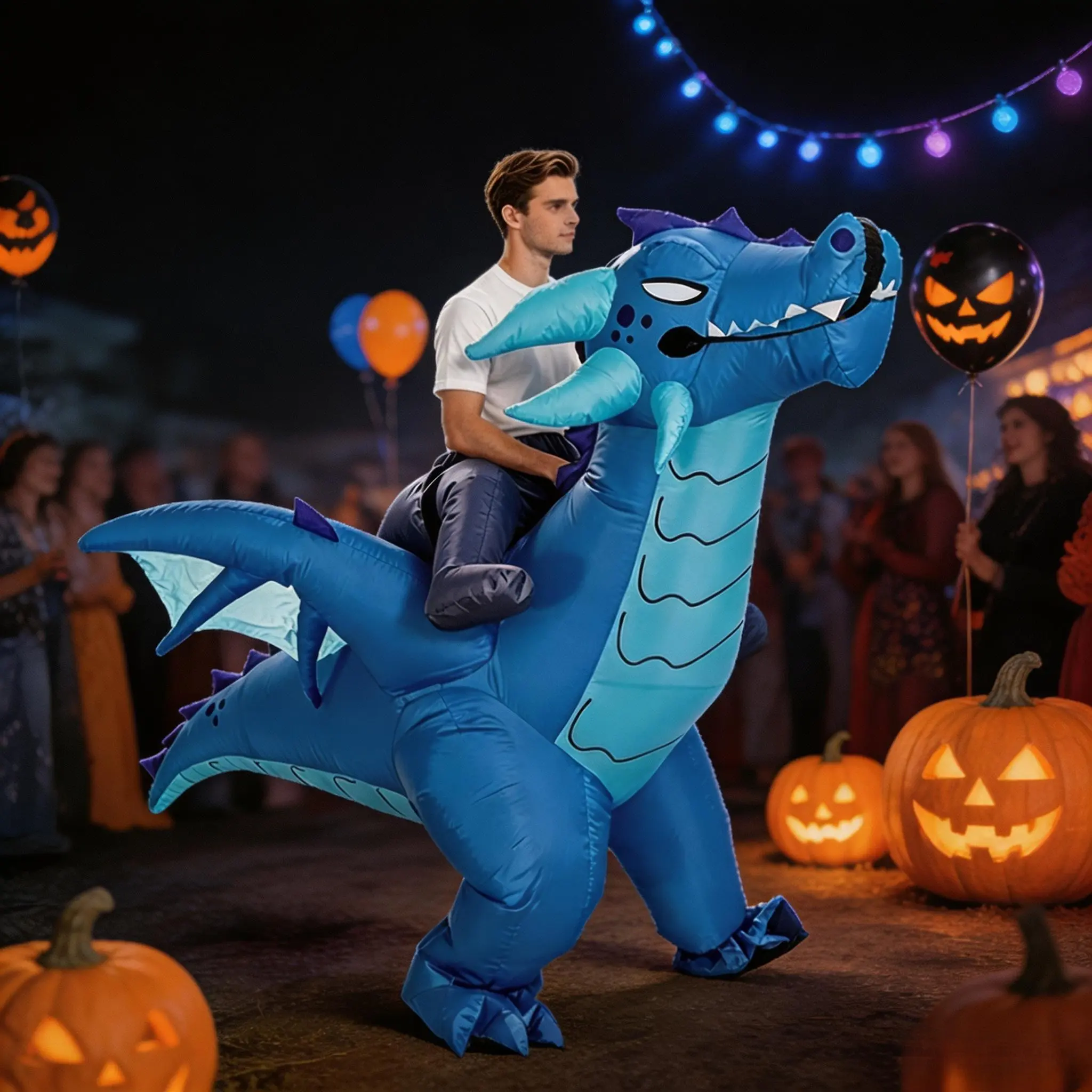 Adult 6FT Inflatable Ride-On Blue Dragon Costume, Polyester Blow-Up Fantasy Suit with Wings, Halloween Cosplay Fancy Dress, Carnival Clothes (Batteries Not Included)