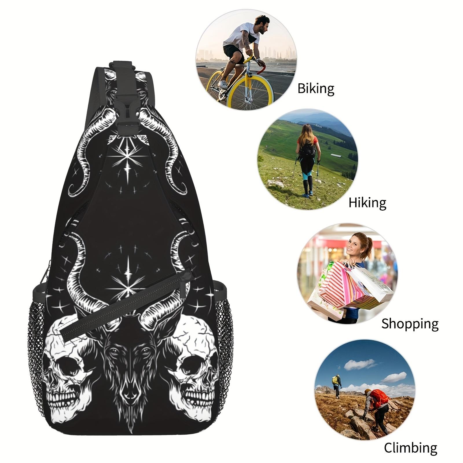 Fashionable And Durable Crossbody Chest Bag Featuring a Baphomet Design with Two Skulls, Perfect for Hiking, Shopping, Leisure Travel, Or As a Beach Bag. This Large-Capacity Backpack Is Also Suitable for Fishing And Makes a Great Accessory for Hallo