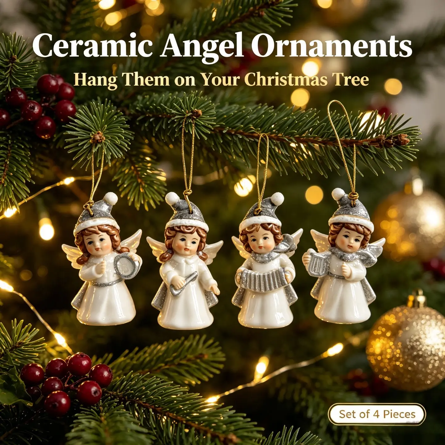 Set of 4 Pcs Ceramic Angel Christmas Tree Ornaments, Vintage Hand‑Painted Musical Angel Hanging Decorations with Gold Strings, Xmas Tree Pendant Baubles for Holiday Party Home Decor, Perfect Christmas Gift, Thanksgiving New Year Housewarming Present, Aest