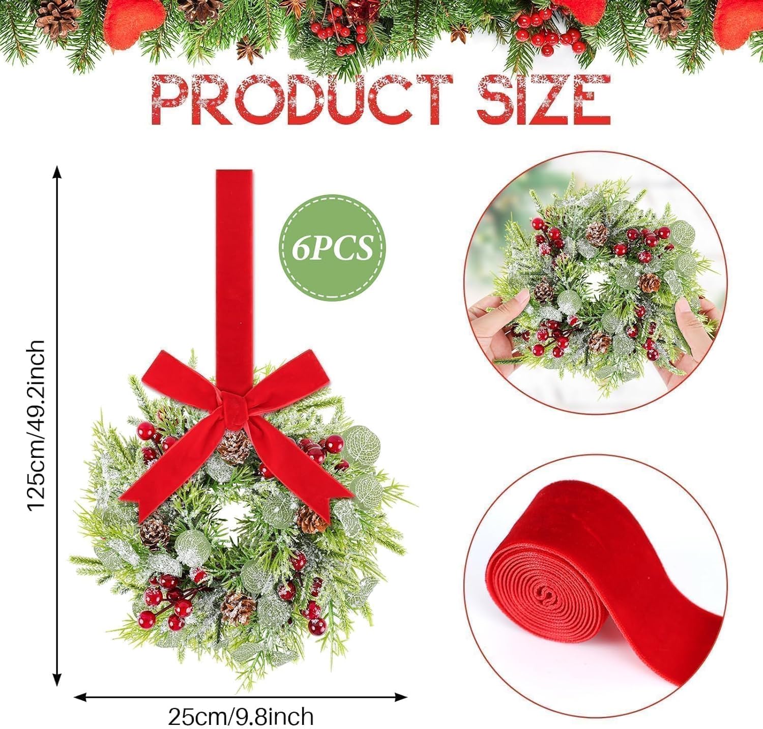 6 Pcs 9.2" Mini Christmas Wreaths for Cabinets Small Wreath Kitchen with Ribbon Christmas Decorations Candle Rings Red Berry Pine Cone Wreaths for Windows